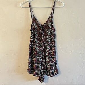 American Eagle Outfitters Black & Maroon Printed and Beaded Backless Romper S